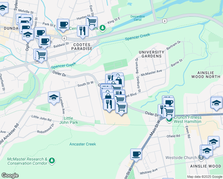 map of restaurants, bars, coffee shops, grocery stores, and more near 104 Osler Drive in Hamilton
