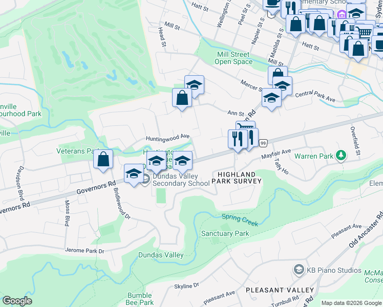 map of restaurants, bars, coffee shops, grocery stores, and more near 10 Huntingwood Avenue in Hamilton
