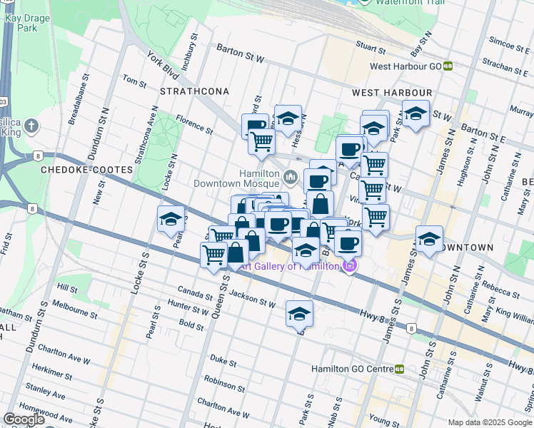 map of restaurants, bars, coffee shops, grocery stores, and more near 160 Market Street in Hamilton