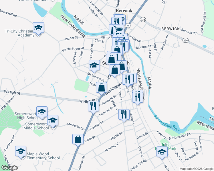 map of restaurants, bars, coffee shops, grocery stores, and more near 132 High Street in Somersworth