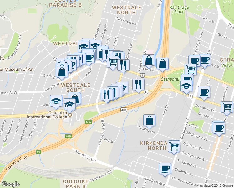 map of restaurants, bars, coffee shops, grocery stores, and more near 75 Paradise Road South in Hamilton