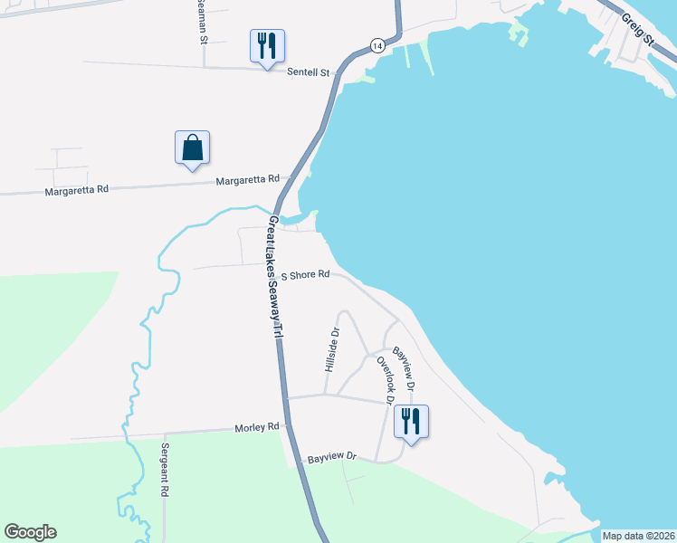 map of restaurants, bars, coffee shops, grocery stores, and more near 8251 South Shore Road in Sodus Point