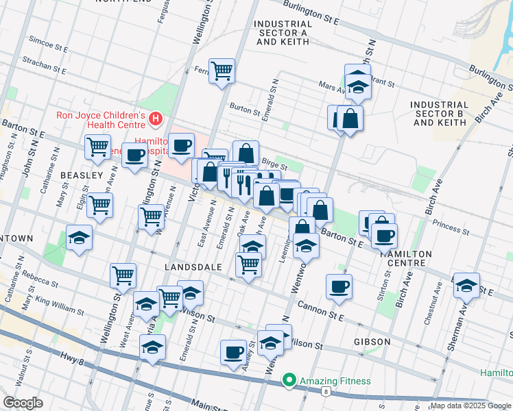 map of restaurants, bars, coffee shops, grocery stores, and more near 369 Barton Street East in Hamilton