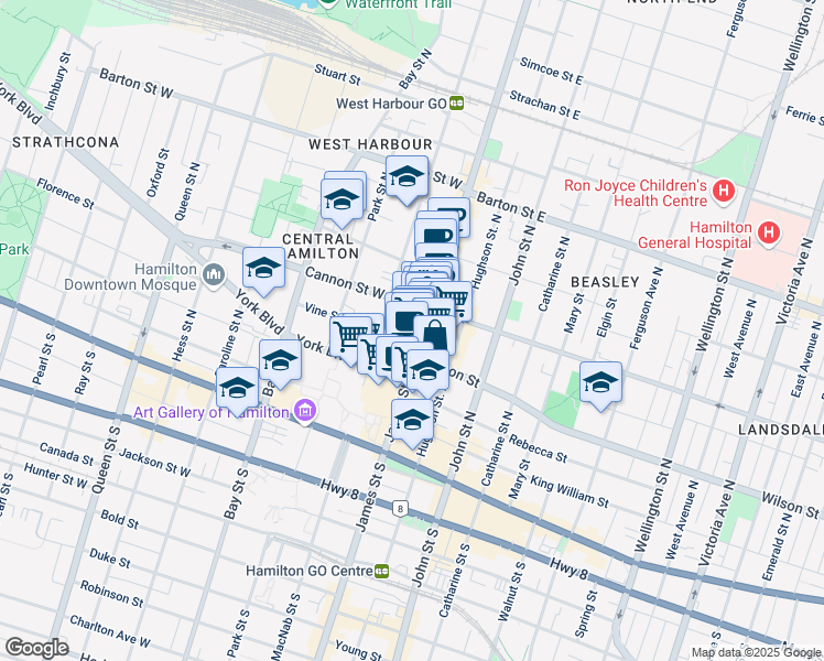map of restaurants, bars, coffee shops, grocery stores, and more near 107 James Street North in Hamilton