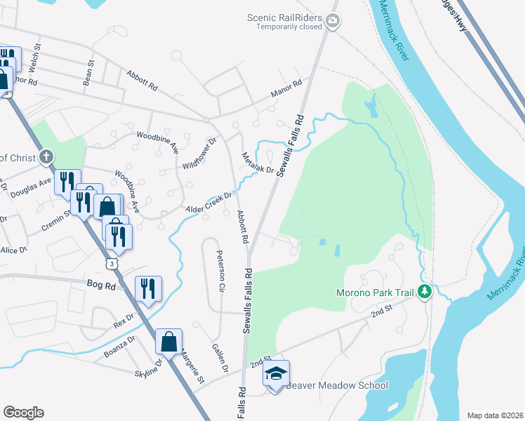map of restaurants, bars, coffee shops, grocery stores, and more near 120 Sewalls Falls Road in Concord