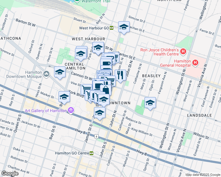 map of restaurants, bars, coffee shops, grocery stores, and more near 132 Hughson Street North in Hamilton