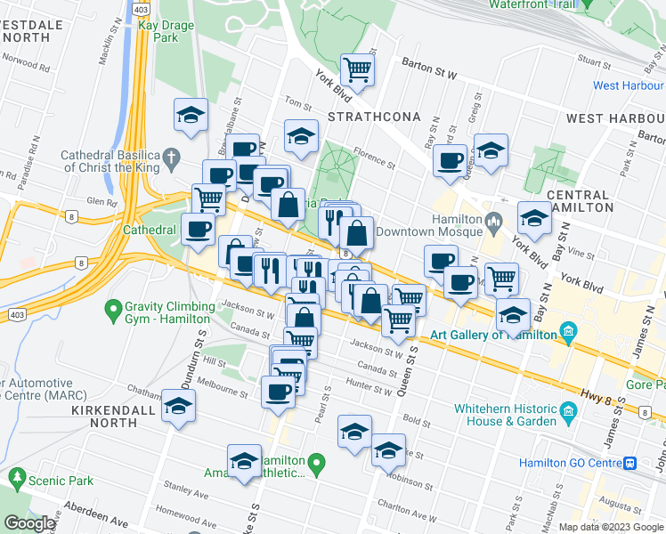 map of restaurants, bars, coffee shops, grocery stores, and more near 34 Locke Street South in Hamilton