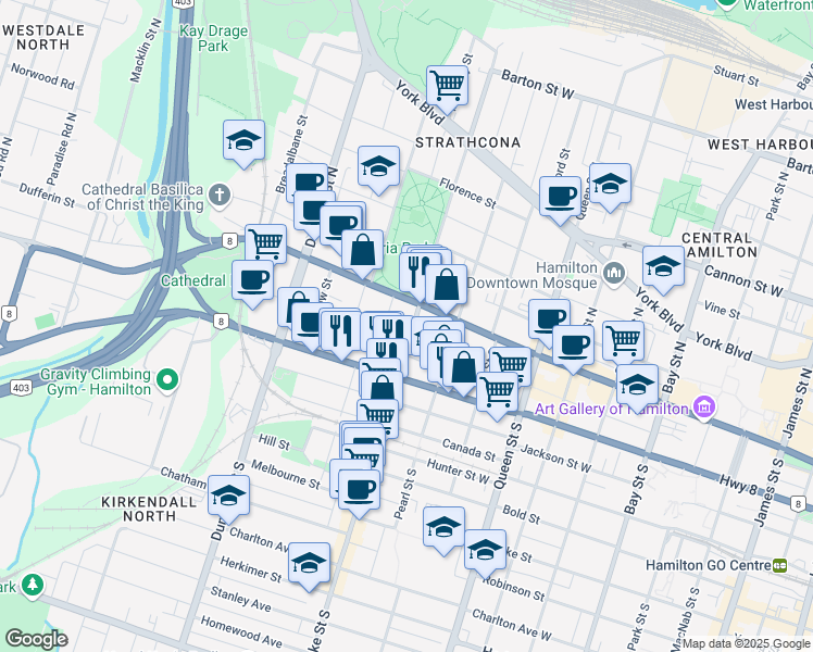 map of restaurants, bars, coffee shops, grocery stores, and more near 34 Locke Street South in Hamilton
