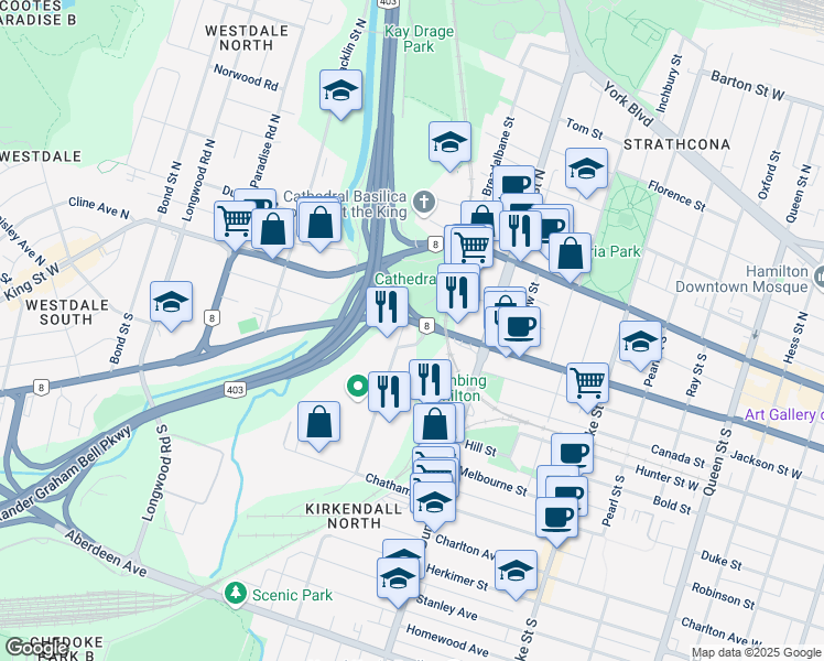 map of restaurants, bars, coffee shops, grocery stores, and more near 605 Main Street West in Hamilton