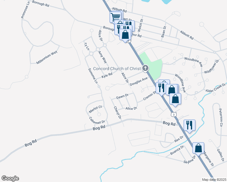map of restaurants, bars, coffee shops, grocery stores, and more near 37 Alice Drive in Concord