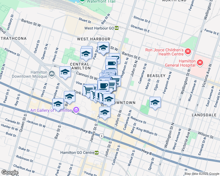 map of restaurants, bars, coffee shops, grocery stores, and more near 107 James Street North in Hamilton