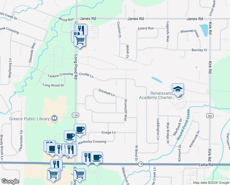 map of restaurants, bars, coffee shops, grocery stores, and more near 112 Drexhall Lane in Rochester
