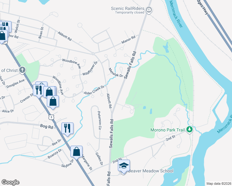map of restaurants, bars, coffee shops, grocery stores, and more near 145 Abbott Road in Concord