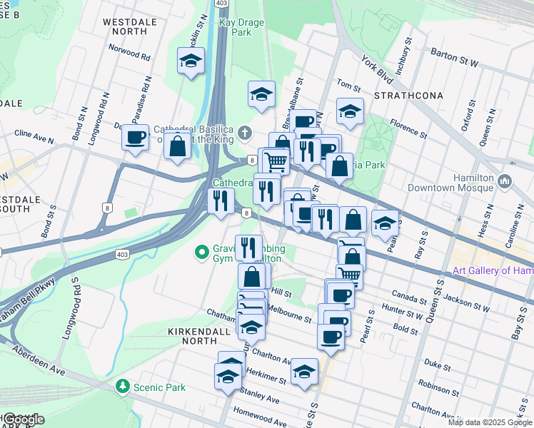 map of restaurants, bars, coffee shops, grocery stores, and more near 50 Dundurn Street South in Hamilton