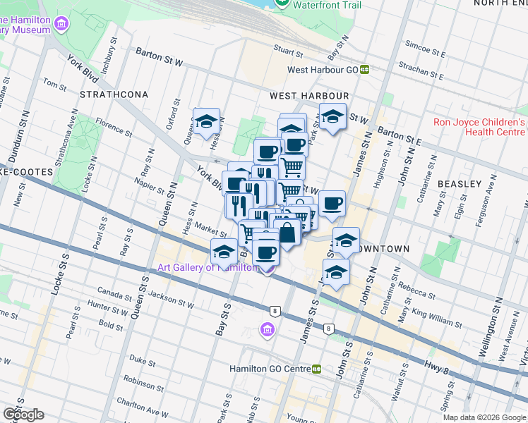 map of restaurants, bars, coffee shops, grocery stores, and more near 114 York Boulevard in Hamilton