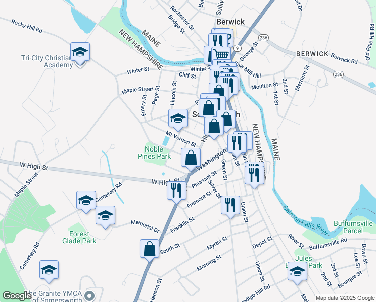 map of restaurants, bars, coffee shops, grocery stores, and more near 10 Noble Street in Somersworth