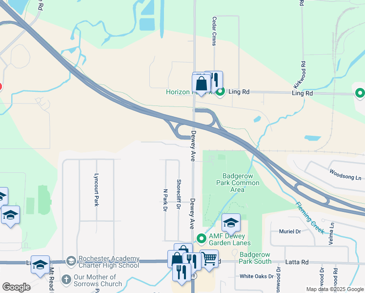 map of restaurants, bars, coffee shops, grocery stores, and more near 4623 Dewey Avenue in Rochester