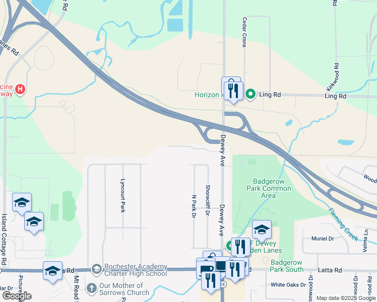 map of restaurants, bars, coffee shops, grocery stores, and more near 288 Shorecliff Drive in Rochester