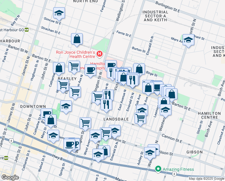 map of restaurants, bars, coffee shops, grocery stores, and more near in Hamilton