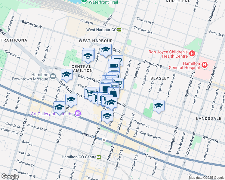 map of restaurants, bars, coffee shops, grocery stores, and more near in Hamilton