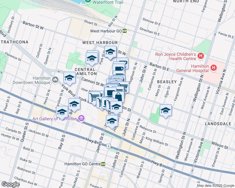 map of restaurants, bars, coffee shops, grocery stores, and more near 109 James Street North in Hamilton