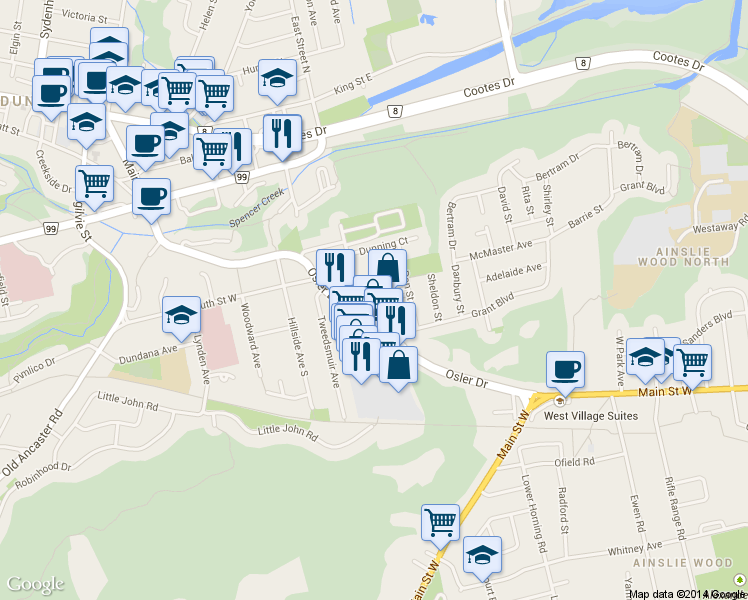 map of restaurants, bars, coffee shops, grocery stores, and more near 104 Osler Drive in Hamilton