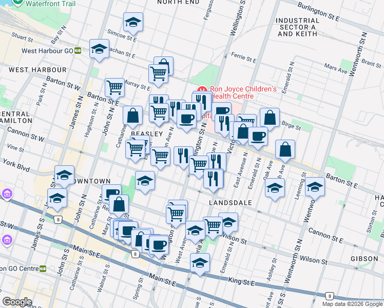 map of restaurants, bars, coffee shops, grocery stores, and more near 227 Wellington Street North in Hamilton