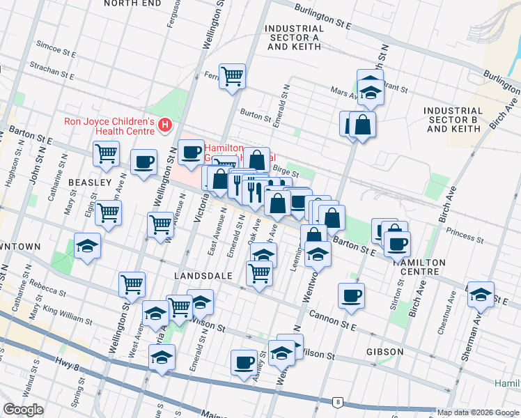 map of restaurants, bars, coffee shops, grocery stores, and more near 363 Barton Street East in Hamilton
