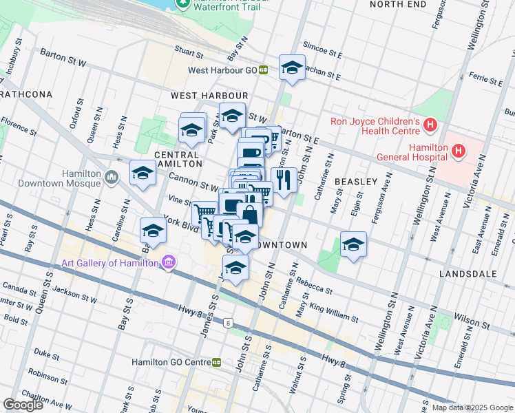 map of restaurants, bars, coffee shops, grocery stores, and more near 16 Cannon Street East in Hamilton