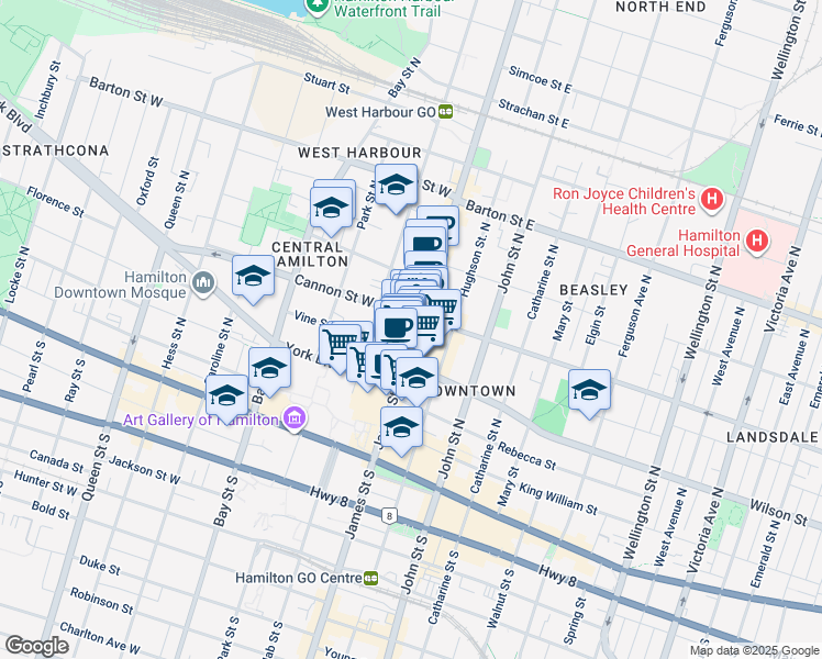 map of restaurants, bars, coffee shops, grocery stores, and more near 135 James Street North in Hamilton