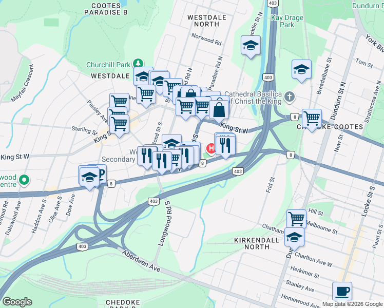map of restaurants, bars, coffee shops, grocery stores, and more near 67 Paradise Road South in Hamilton