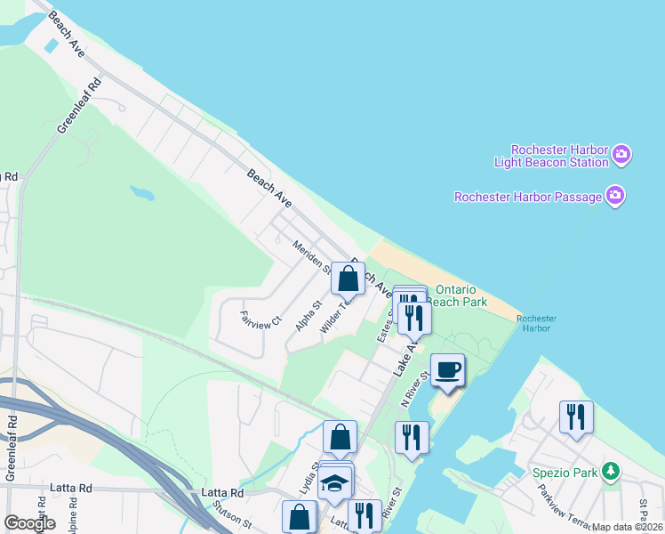map of restaurants, bars, coffee shops, grocery stores, and more near 49 Meriden Street in Rochester