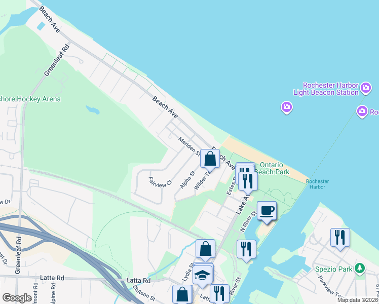 map of restaurants, bars, coffee shops, grocery stores, and more near 39 Camden Street in Rochester