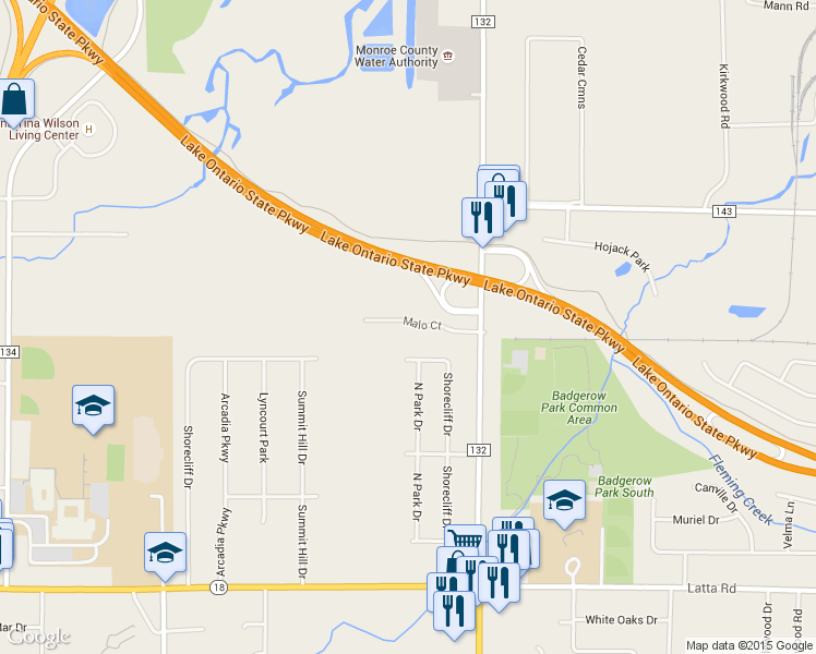 map of restaurants, bars, coffee shops, grocery stores, and more near 288 Shorecliff Drive in Rochester