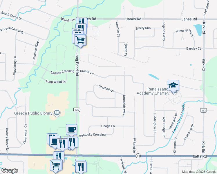 map of restaurants, bars, coffee shops, grocery stores, and more near 112 Drexhall Lane in Rochester