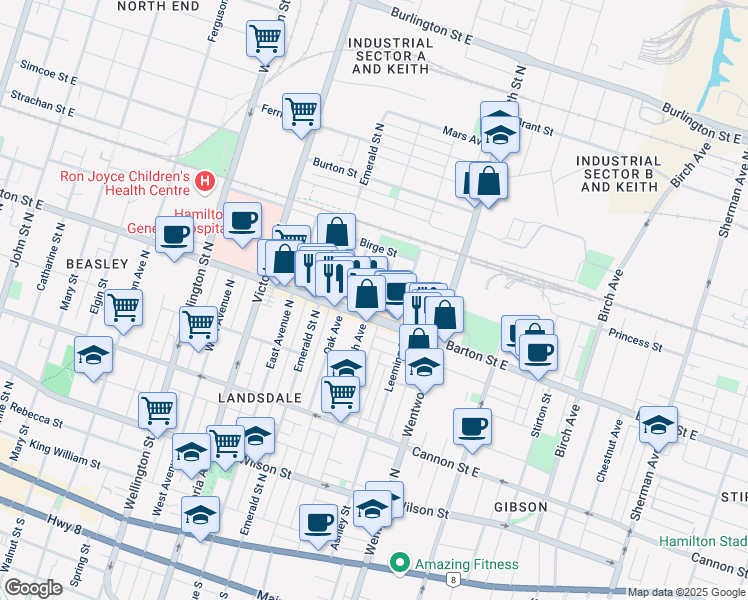 map of restaurants, bars, coffee shops, grocery stores, and more near 411 Barton Street East in Hamilton