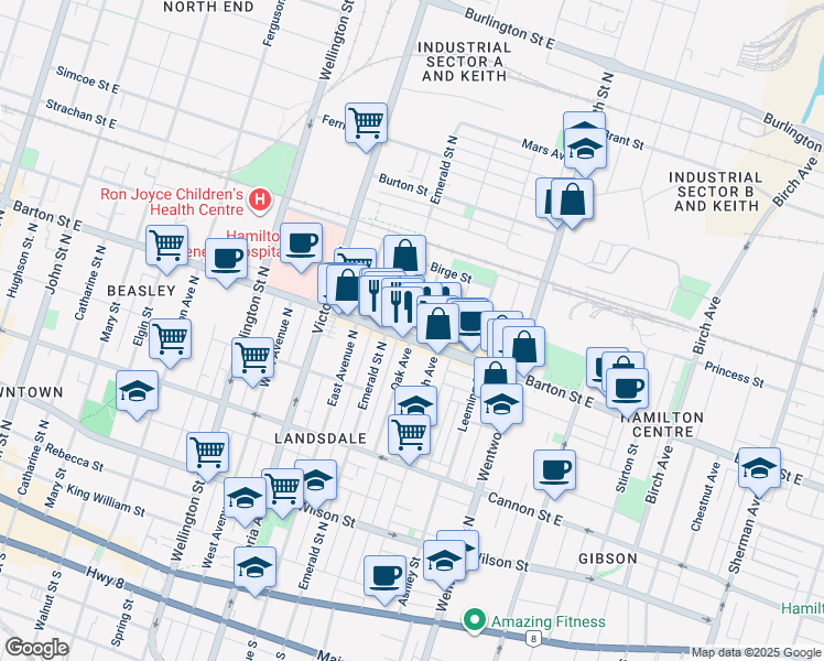 map of restaurants, bars, coffee shops, grocery stores, and more near 369 Barton Street East in Hamilton