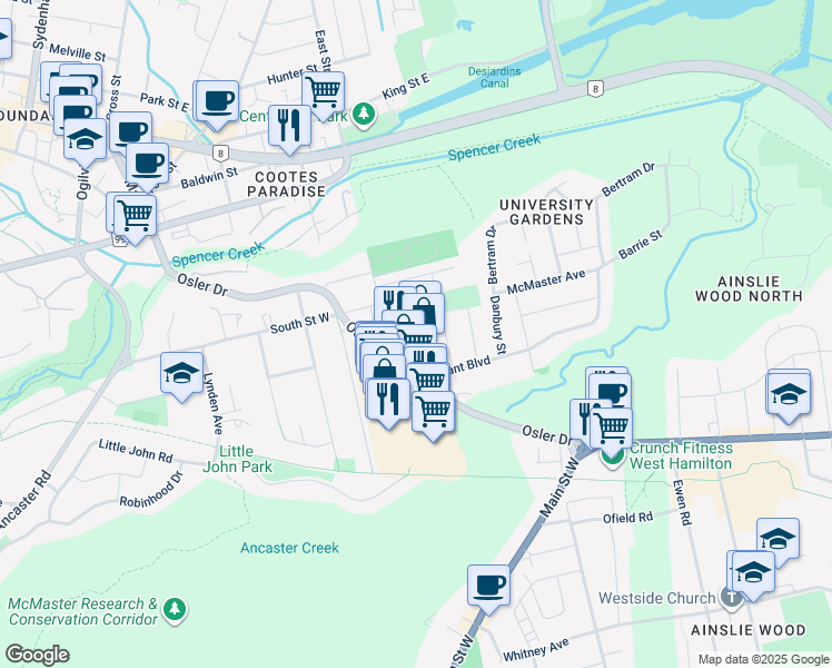 map of restaurants, bars, coffee shops, grocery stores, and more near 104 Osler Drive in Hamilton