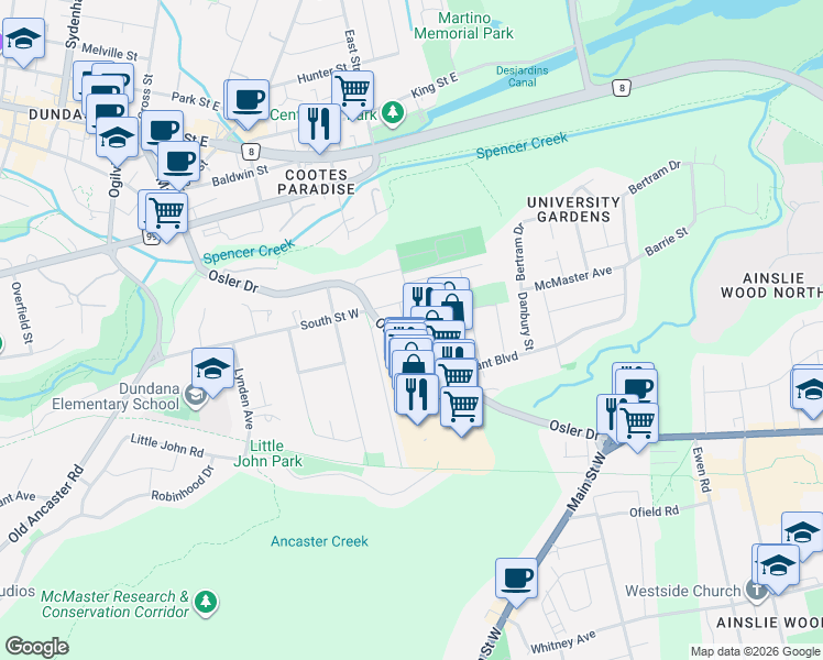 map of restaurants, bars, coffee shops, grocery stores, and more near 104 Osler Drive in Hamilton