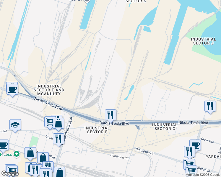 map of restaurants, bars, coffee shops, grocery stores, and more near 1579 Burlington Street East in Hamilton
