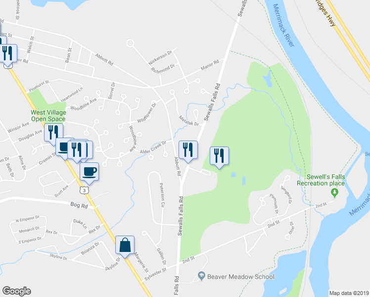 map of restaurants, bars, coffee shops, grocery stores, and more near 145 Abbott Road in Concord