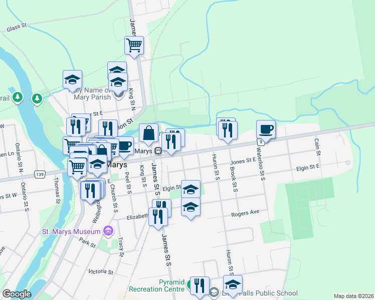 map of restaurants, bars, coffee shops, grocery stores, and more near 353 Queen Street East in Saint Marys