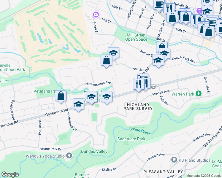 map of restaurants, bars, coffee shops, grocery stores, and more near 14 Huntingwood Avenue in Hamilton