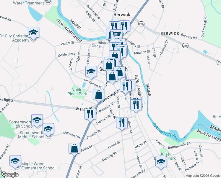 map of restaurants, bars, coffee shops, grocery stores, and more near 1 Green Street in Somersworth