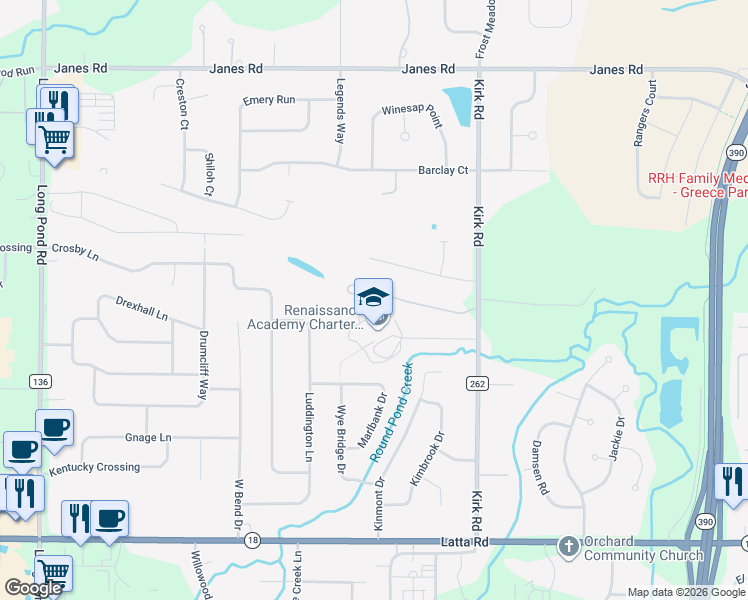 map of restaurants, bars, coffee shops, grocery stores, and more near 299 Kirk Road in Rochester