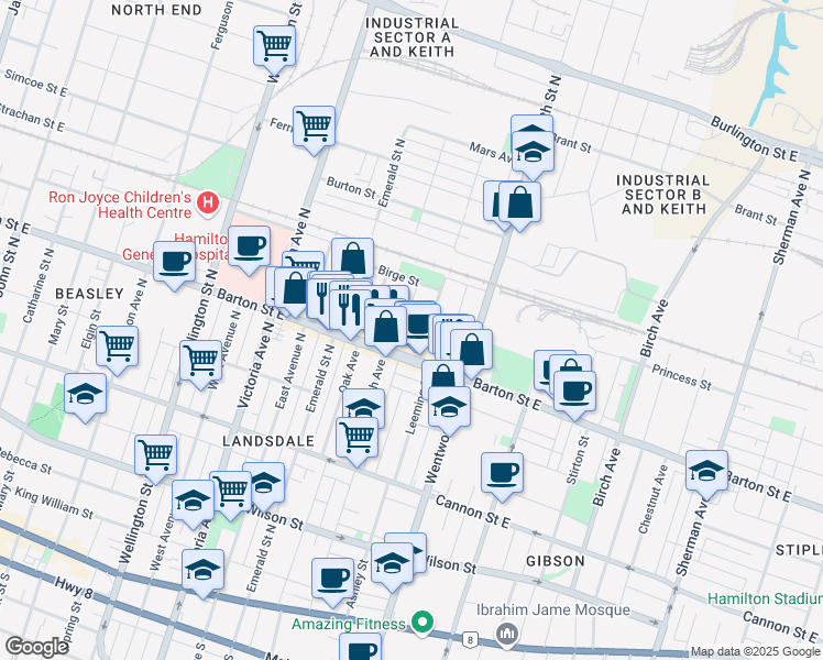 map of restaurants, bars, coffee shops, grocery stores, and more near 411 Barton Street East in Hamilton