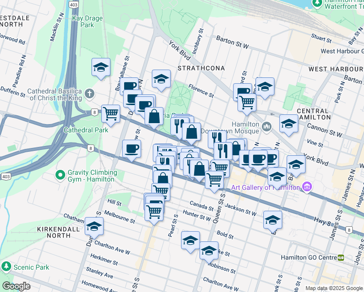 map of restaurants, bars, coffee shops, grocery stores, and more near in Hamilton