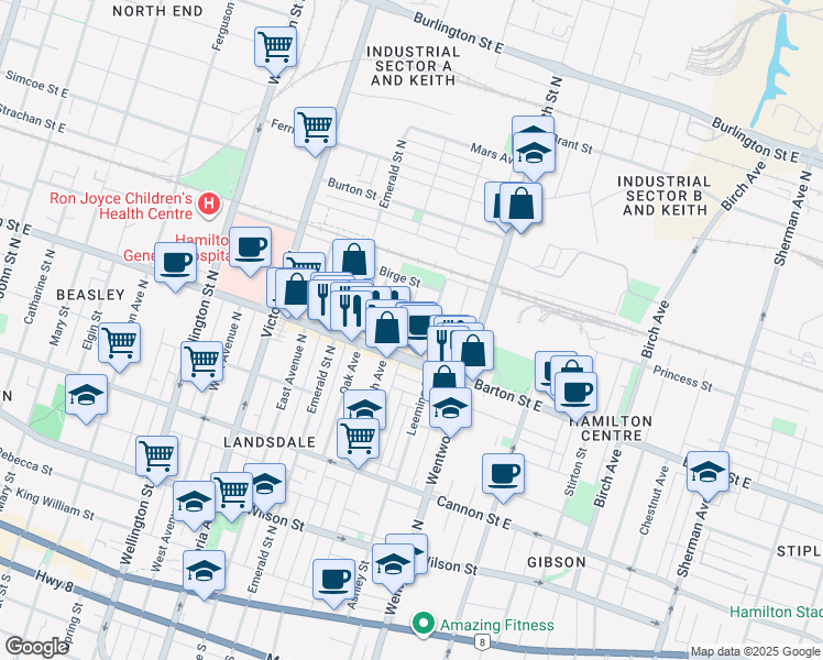 map of restaurants, bars, coffee shops, grocery stores, and more near 411 Barton Street East in Hamilton