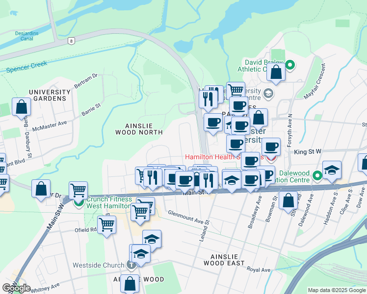 map of restaurants, bars, coffee shops, grocery stores, and more near 99 Thorndale Crescent in Hamilton