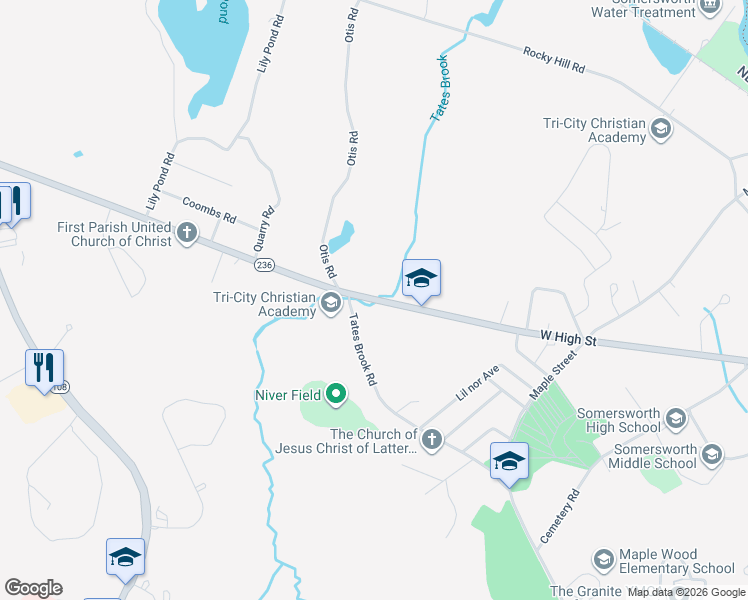map of restaurants, bars, coffee shops, grocery stores, and more near 152 West High Street in Somersworth